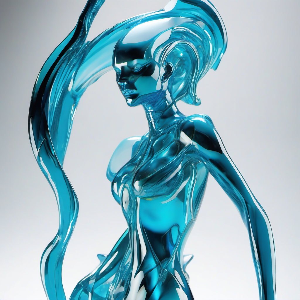 Abstract character forms in a bright blue 3D scene