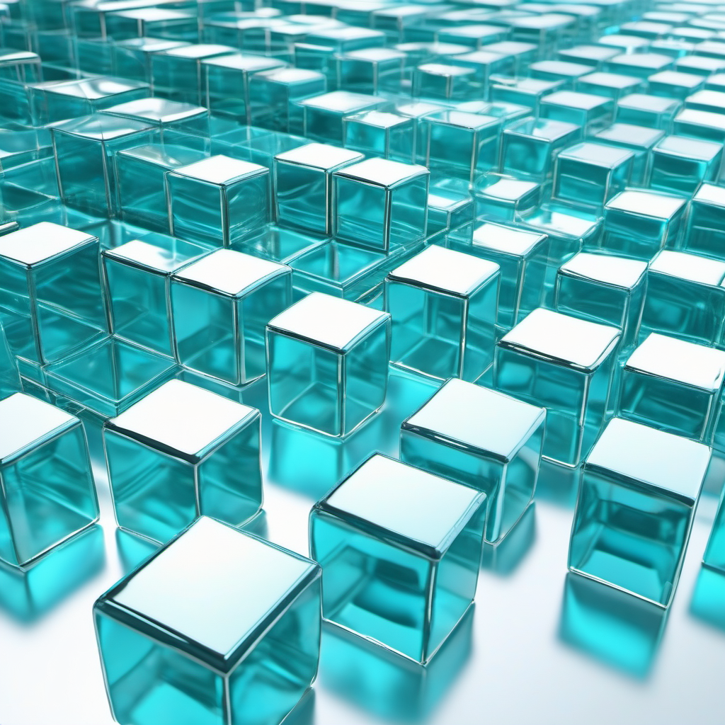 Stylized render pipeline — glassy blue stages flowing into a finished frame
