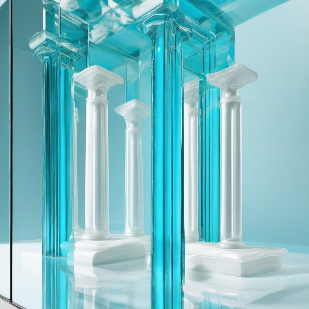 Abstract glass architecture diagram — blue structural blocks assembling into a system